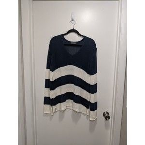 Wooden Ships Striped V Neck Oversized Slouchy Sweater XL Blue White Pullover
